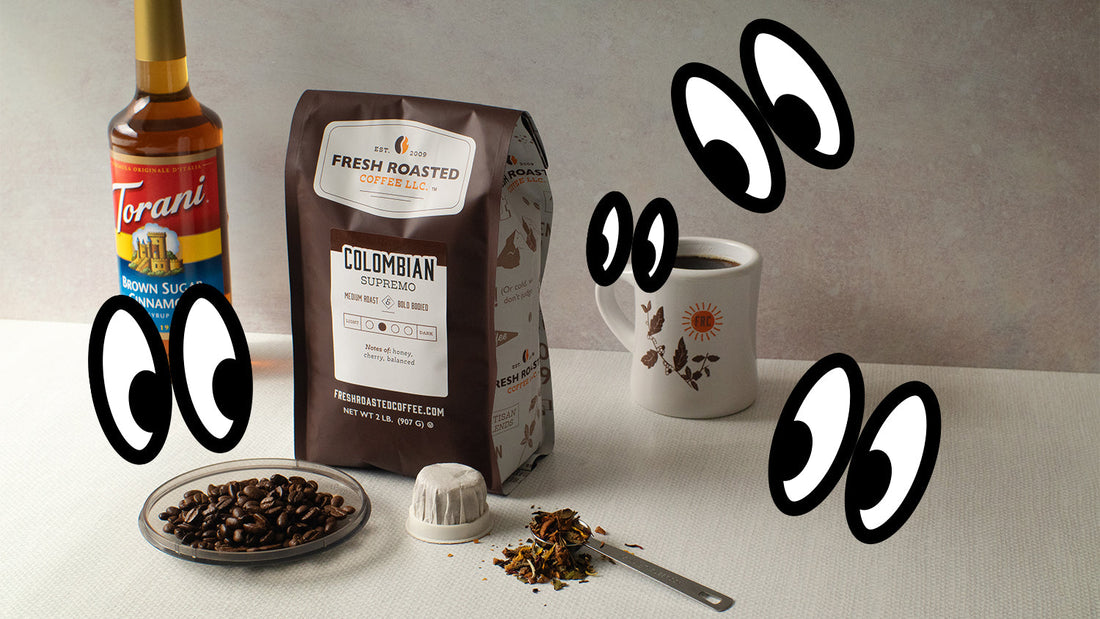 A bag of coffee, Torani syrup, mug, loose-leaf tea, and a compostable pod with illustrated eyes looking on.