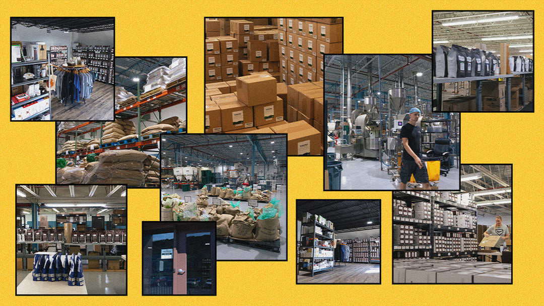 A collage of facility photos on a yellow background.