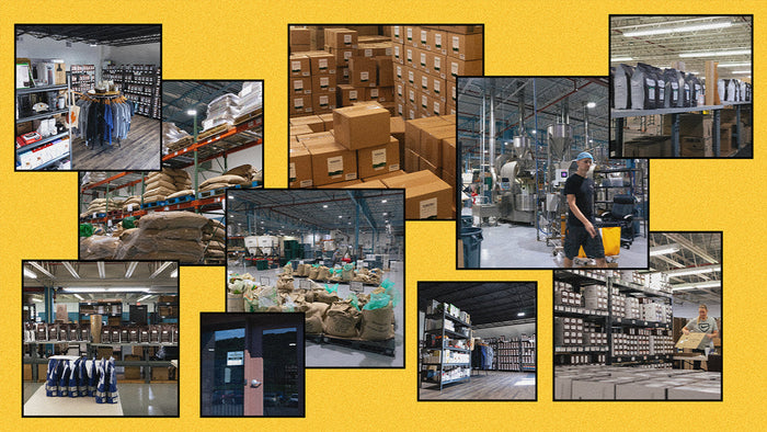 A collage of facility photos on a yellow background.