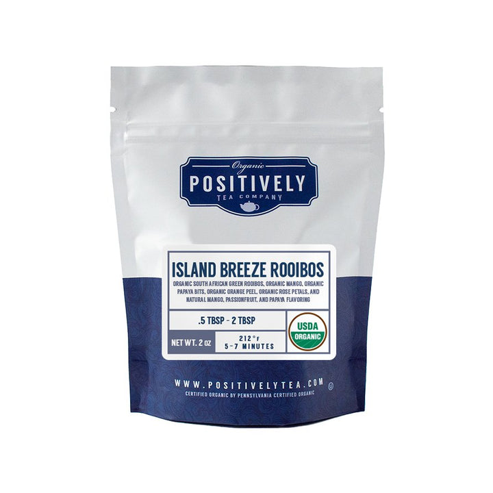 Positively Tea Company Island Breeze Rooibos tea, sampler size 2oz bag with a tropical fruity blend of mango and papaya pieces.