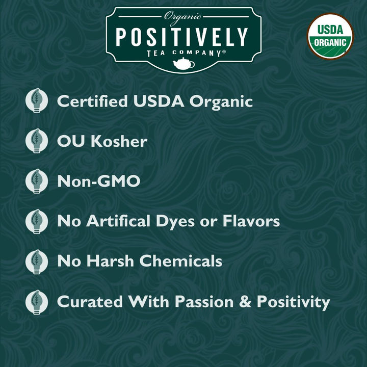 Positively Tea Company Raspberry Rosé herbal tea certifications, highlighting USDA Organic, Non-GMO, and all-natural ingredients.
