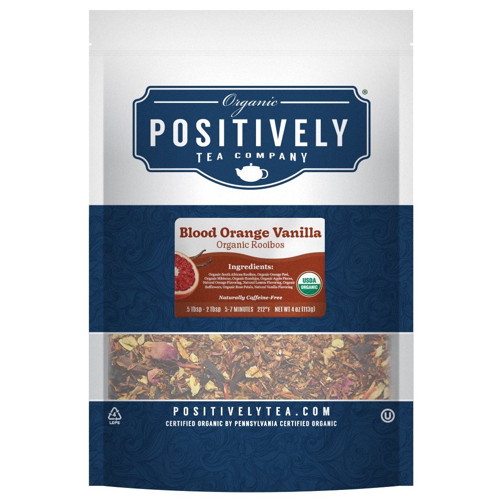 Positively Tea Company Blood Orange Vanilla Rooibos tea, 4oz bag of organic rooibos with zesty blood orange and smooth vanilla notes.