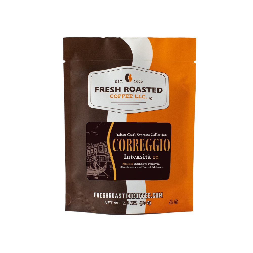 Fresh Roasted Coffee Correggio espresso, 2.5-ounce sampler bag, with rich notes of blackberry preserves and chocolate-covered pretzel.