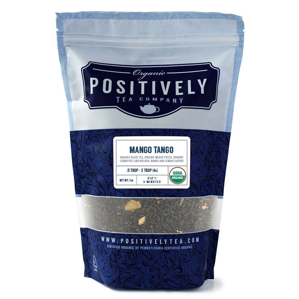 Positively Tea Company Mango Tango black tea, 1lb bag of organic black tea leaves blended with mango and lemon peel for a sweet, tangy flavor.
