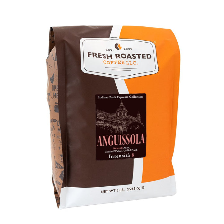Fresh Roasted Coffee Anguissola espresso beans, 5-pound bulk bag, intense Italian blend with unique anise and peach notes.