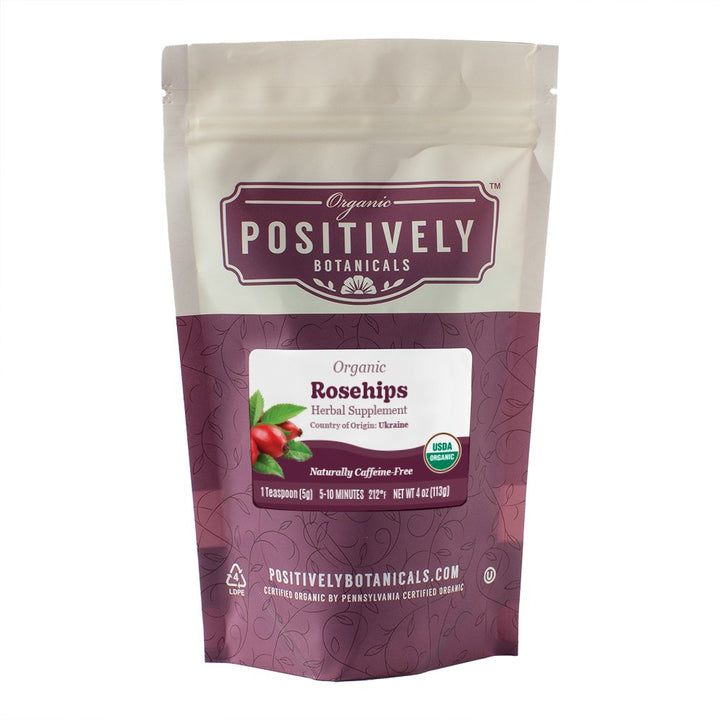 Positively Botanicals Organic Rosehips herbal supplement, 4 oz resealable bag, naturally caffeine-free and nutrient-packed.