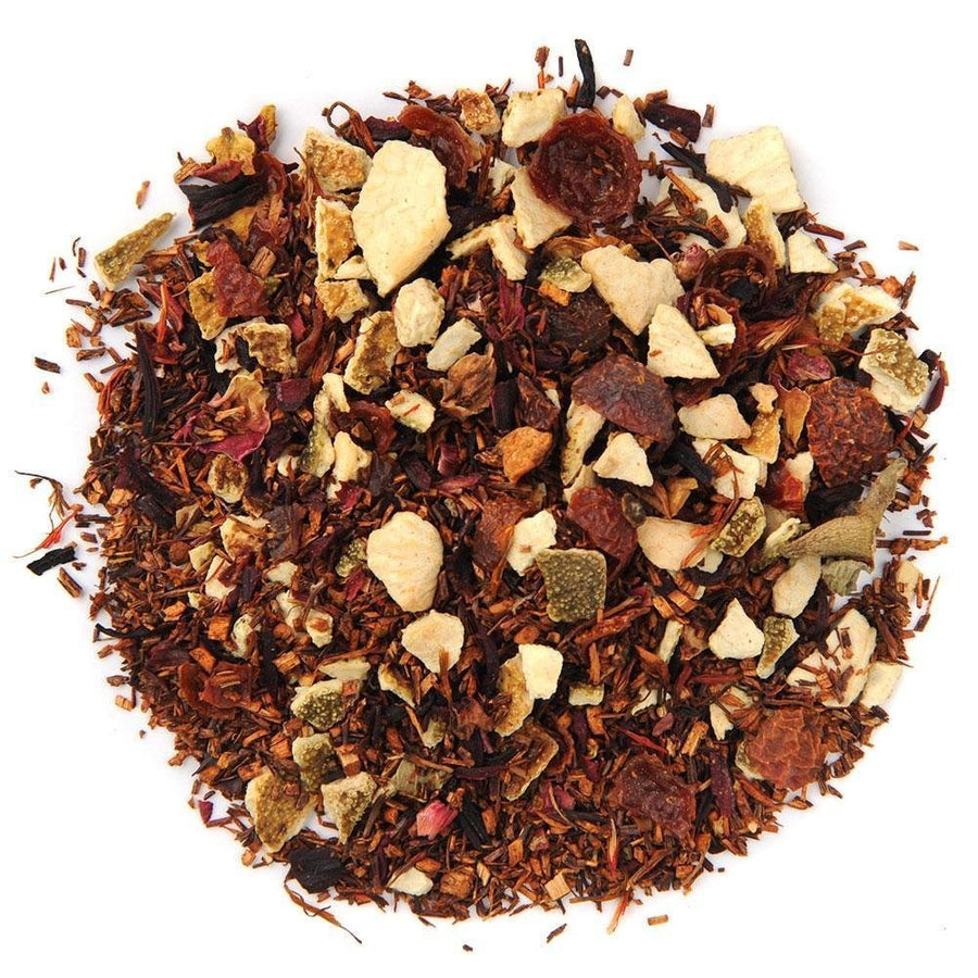 Positively Tea Company Blood Orange Vanilla Rooibos loose leaf blend with organic citrus peel and vanilla notes for a sweet, tangy aroma.