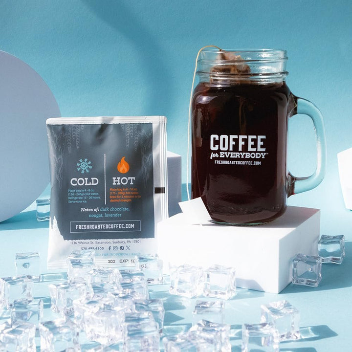 Fresh Roasted Coffee Frostbite Cold Brew sachet with hot and cold brewing directions, medium roast with nougat and lavender flavor.