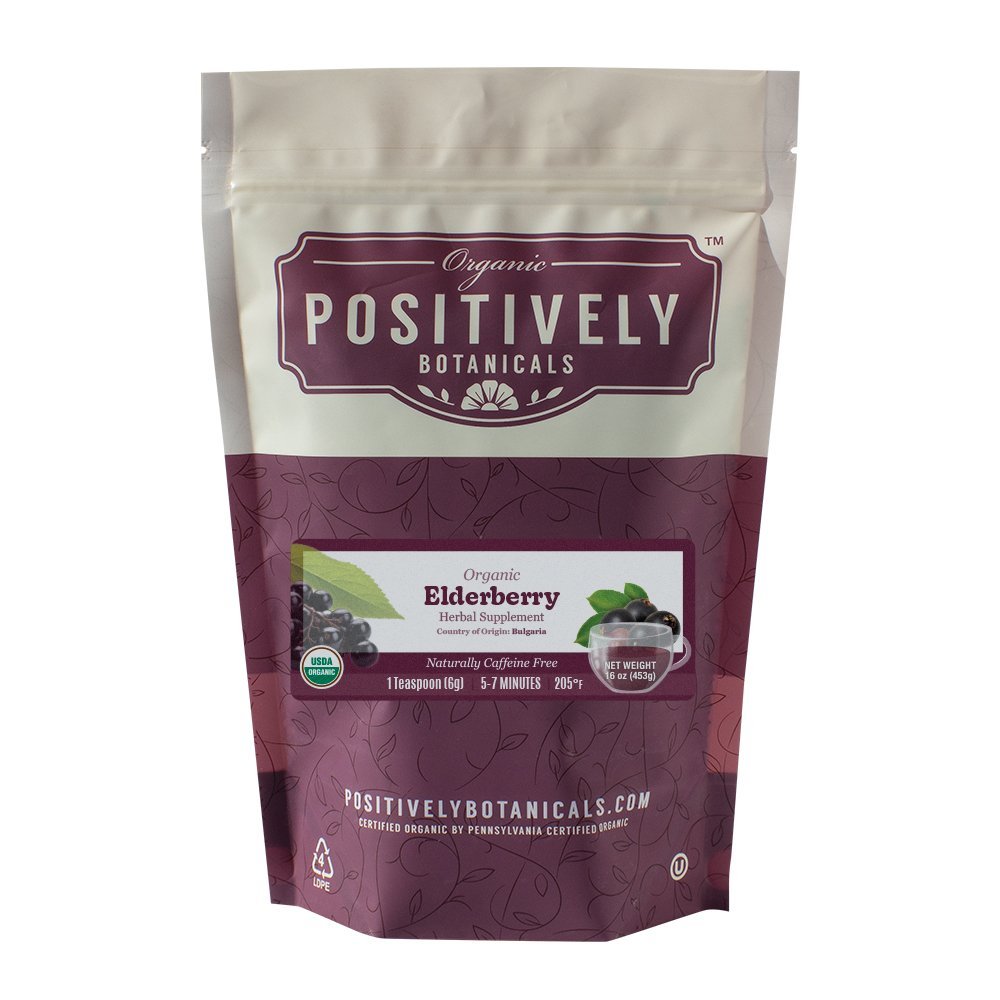 Positively Botanicals Organic Elderberry herbal supplement, 1 lb bag of premium dried elderberries, naturally caffeine-free.