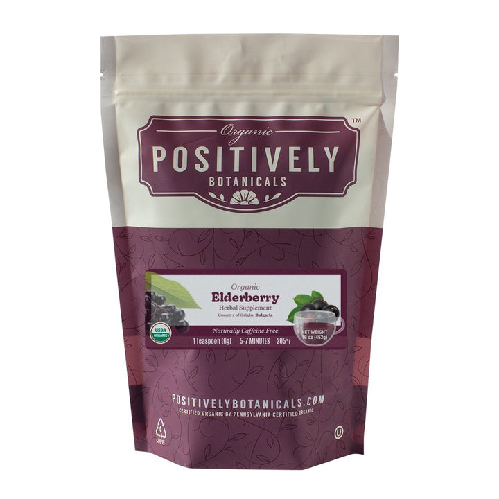 Positively Botanicals Organic Elderberry herbal supplement, 1 lb bag of premium dried elderberries, naturally caffeine-free.