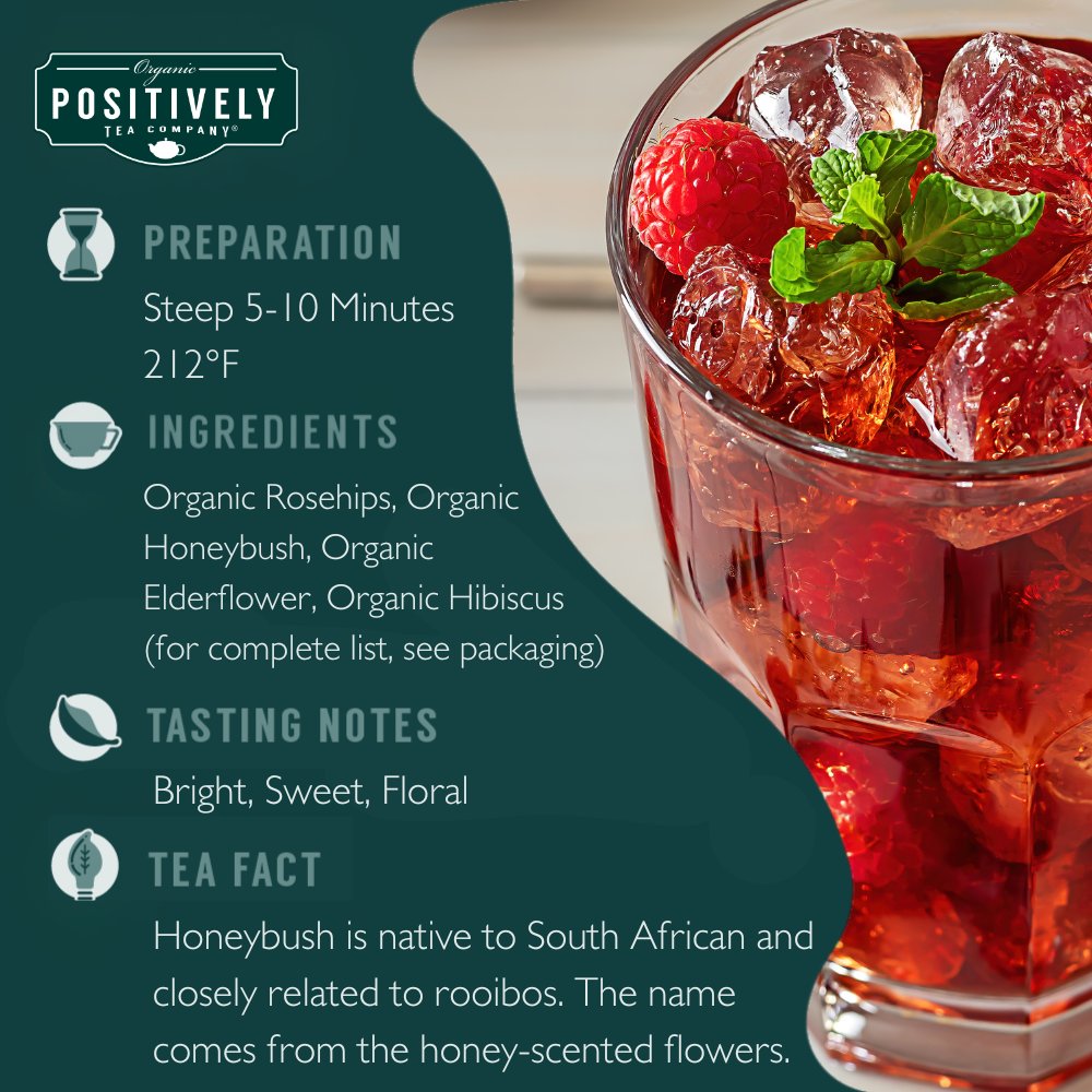 Positively Tea Company Raspberry Rosé organic herbal tea, featuring steeping guide and glass of bright, fruity iced tea.