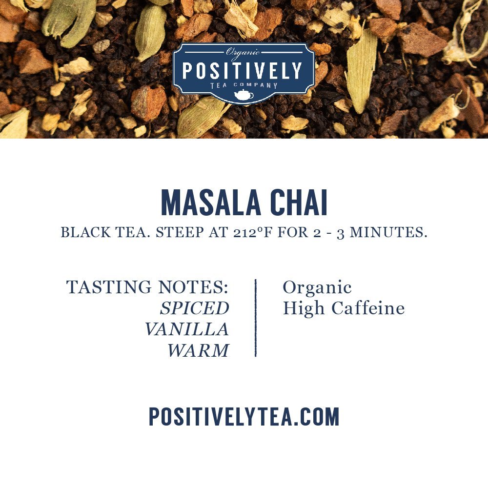 Masala Chai Organic Black Tea tasting notes and brewing instructions, featuring spiced, vanilla, and warm flavors.