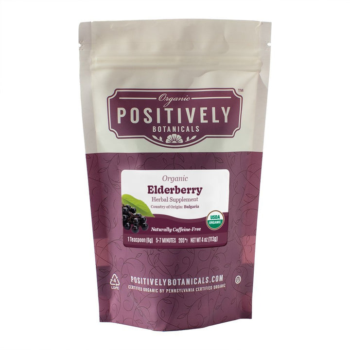 Positively Botanicals Organic Elderberry herbal supplement, 4oz bag of dried elderberries from Bulgaria, USDA certified organic.