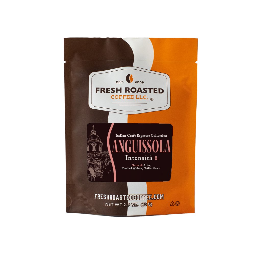 Fresh Roasted Coffee Anguissola espresso, 2.5-ounce sampler bag, featuring complex notes of anise, walnut, and peach.