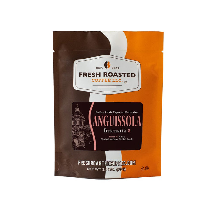 Fresh Roasted Coffee Anguissola espresso, 2.5-ounce sampler bag, featuring complex notes of anise, walnut, and peach.