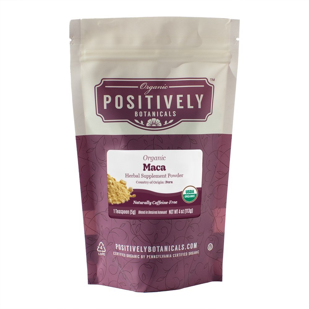 Positively Botanicals Organic Maca herbal supplement powder, 4 oz resealable bag, naturally caffeine-free and nutrient-dense.