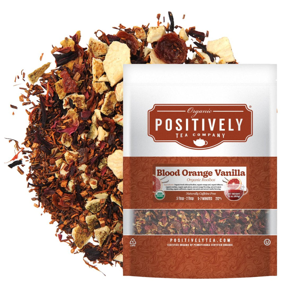 Positively Tea Company Blood Orange Vanilla Rooibos tea, 16oz bag, displayed with loose leaf blend highlighting sweet citrus and smooth vanilla flavor.