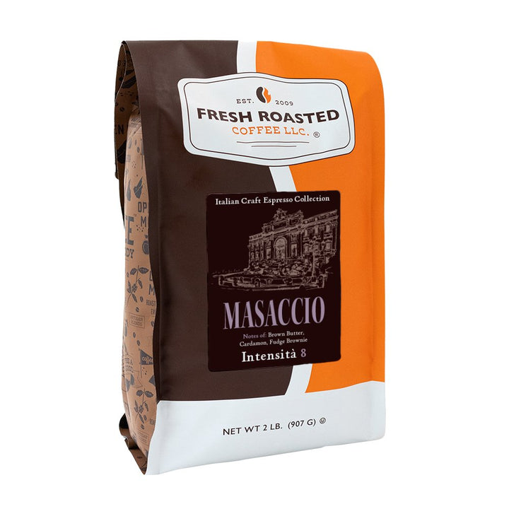 Fresh Roasted Coffee Masaccio espresso beans, 2 lb bag, crafted for espresso lovers seeking rich, smooth flavors with notes of cardamom and fudge brownie.