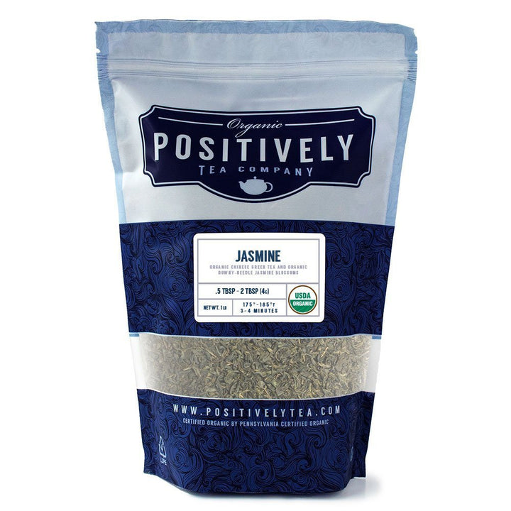Positively Tea Company Jasmine Organic Green Tea, 1 lb resealable bag, USDA Organic certified with fragrant jasmine notes.