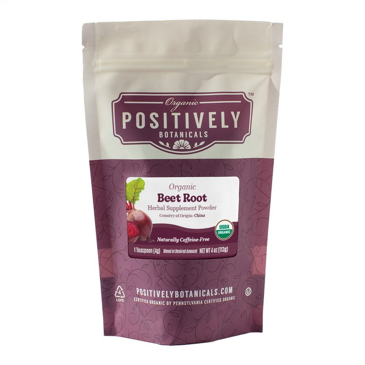 Positively Botanicals Organic Beet Root herbal supplement powder, 4 oz resealable bag, naturally caffeine-free with earthy flavor notes.
