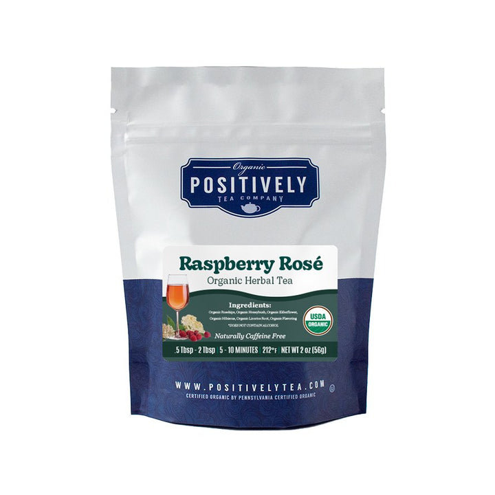 Positively Tea Company Raspberry Rosé herbal tea, 2 oz resealable bag of naturally caffeine-free loose leaf tea.