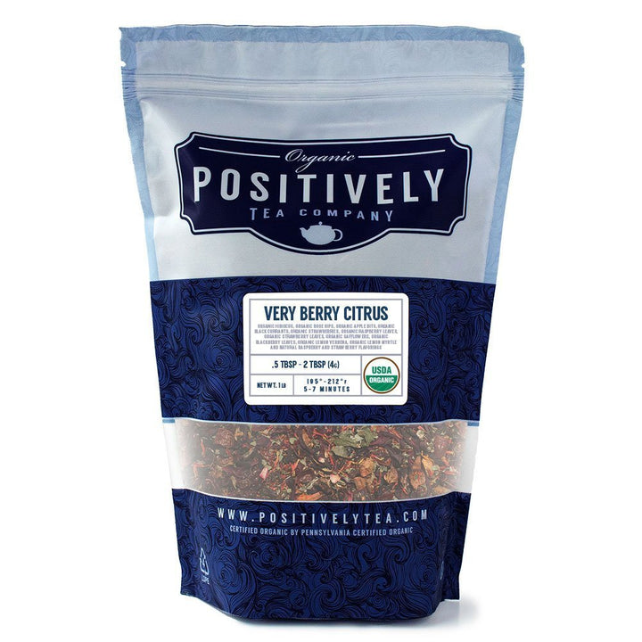 Positively Tea Company Very Berry Citrus Organic Herbal Tea, 1 lb resealable bag with USDA Organic certification.