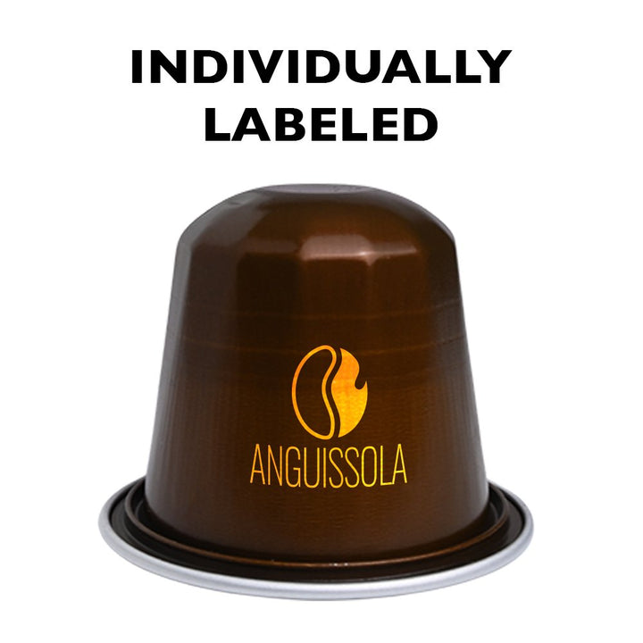 Single Anguissola Nespresso®-compatible espresso capsule with branded coffee bean logo on brown pod.