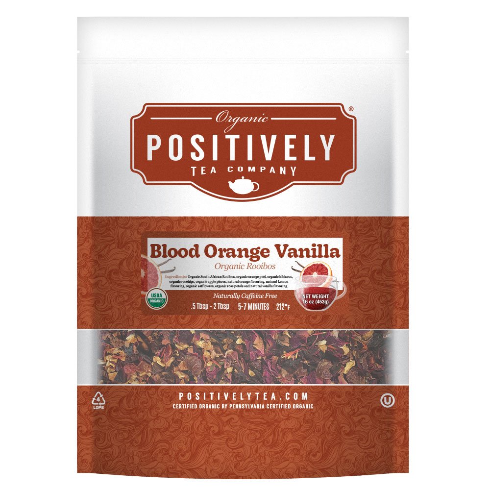 Positively Tea Company Blood Orange Vanilla Rooibos tea, 1lb bulk bag with a naturally sweet citrus and creamy vanilla flavor.