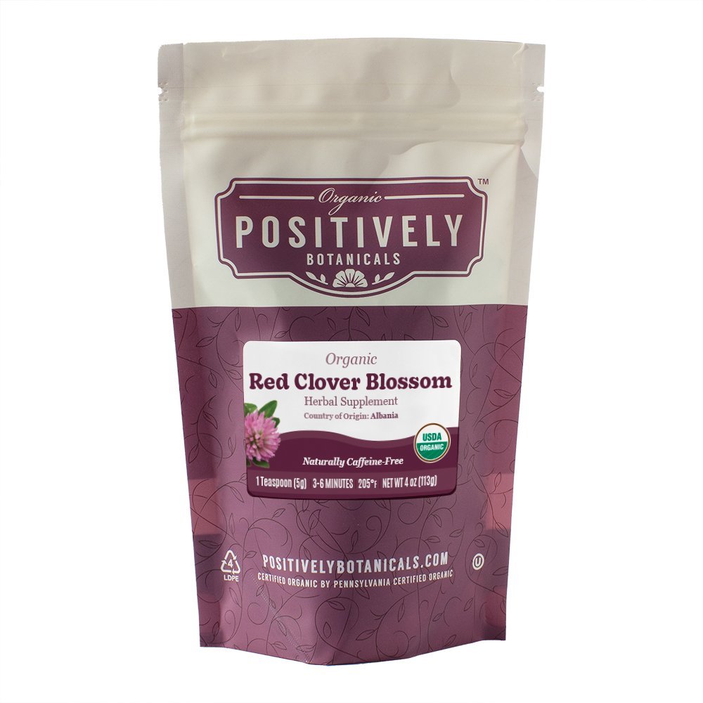 Positively Botanicals Organic Red Clover Blossom herbal supplement, 4 oz resealable bag, naturally caffeine-free and nutrient-rich.