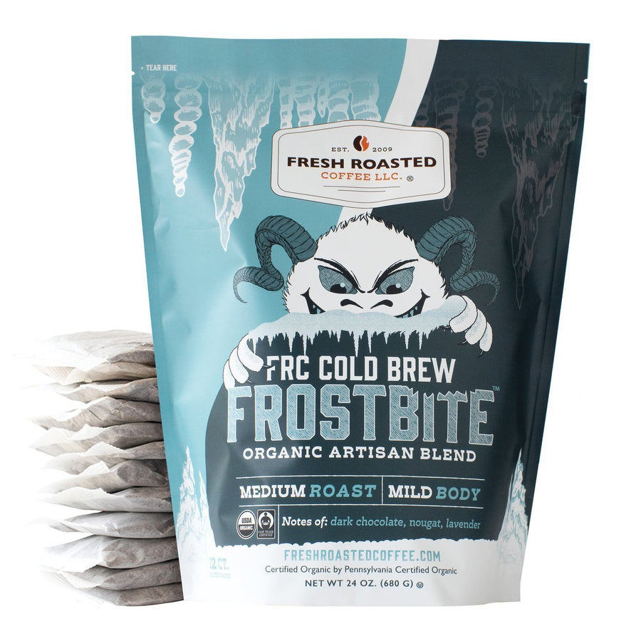 Fresh Roasted Coffee Frostbite Cold Brew, 24 oz bag with 12 brew bags, medium roast with dark chocolate and nougat notes.