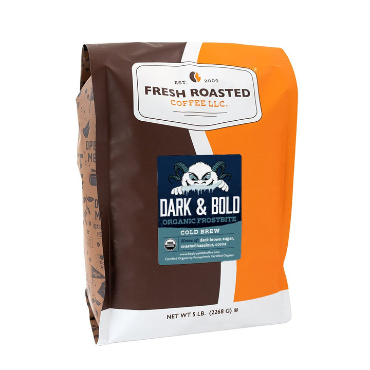 Fresh Roasted Coffee Dark & Bold Organic Frostbite Cold Brew, 5lb bag for cold brew enthusiasts, featuring dark brown sugar and cocoa flavor.