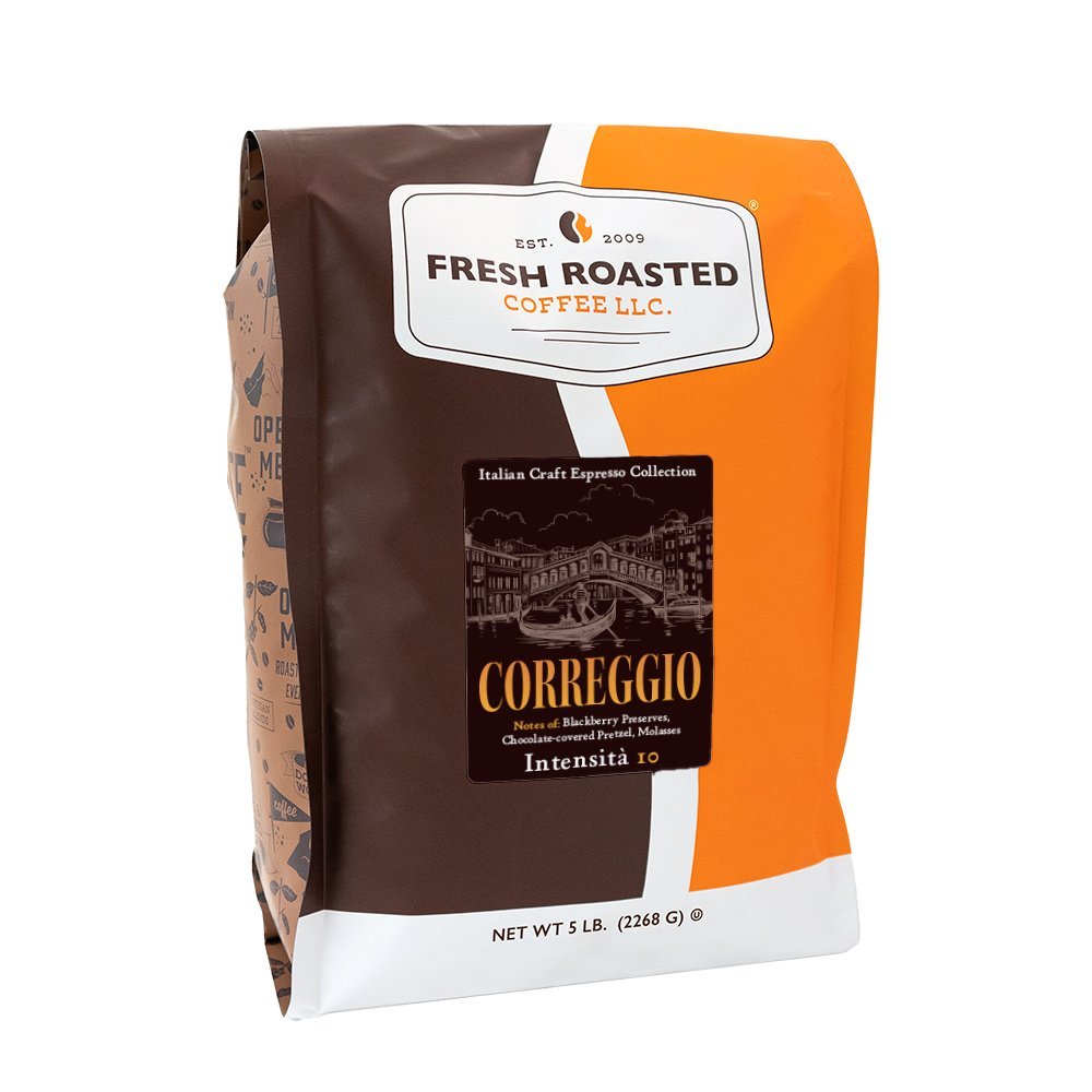 Fresh Roasted Coffee Correggio espresso beans, 5-pound bulk bag, premium Italian roast with notes of molasses and chocolate-covered pretzel.