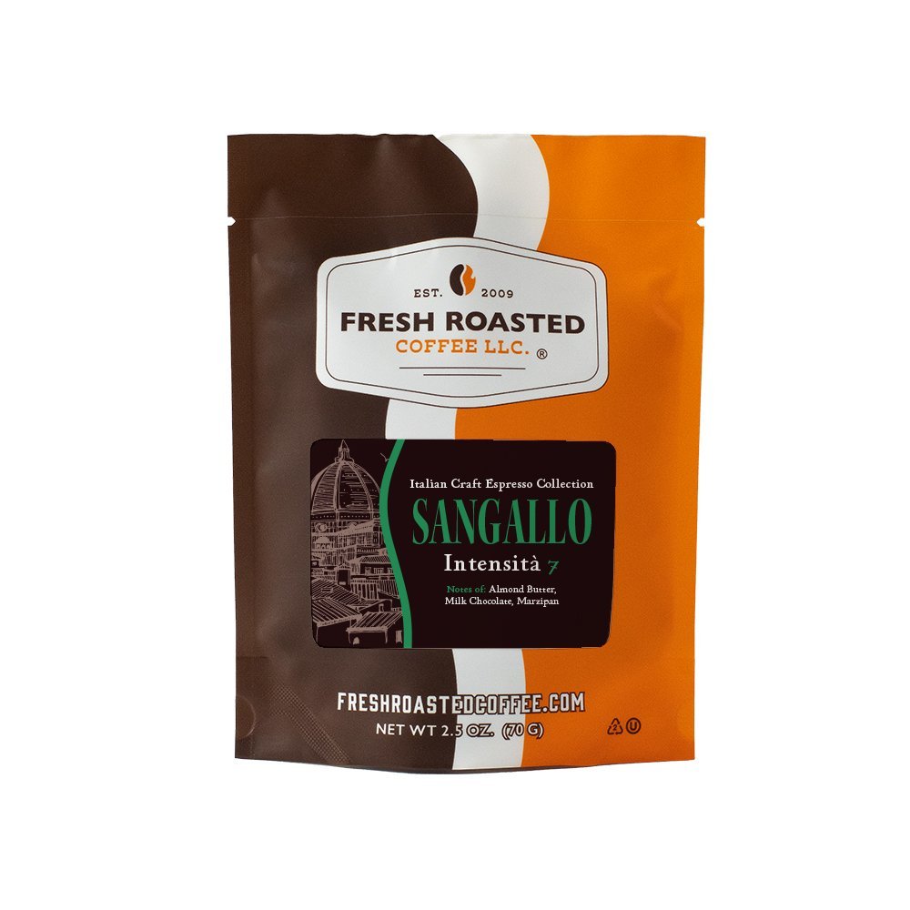 Fresh Roasted Coffee Sangallo espresso, 2.5-ounce sampler bag, smooth Italian roast with nutty and chocolatey notes.