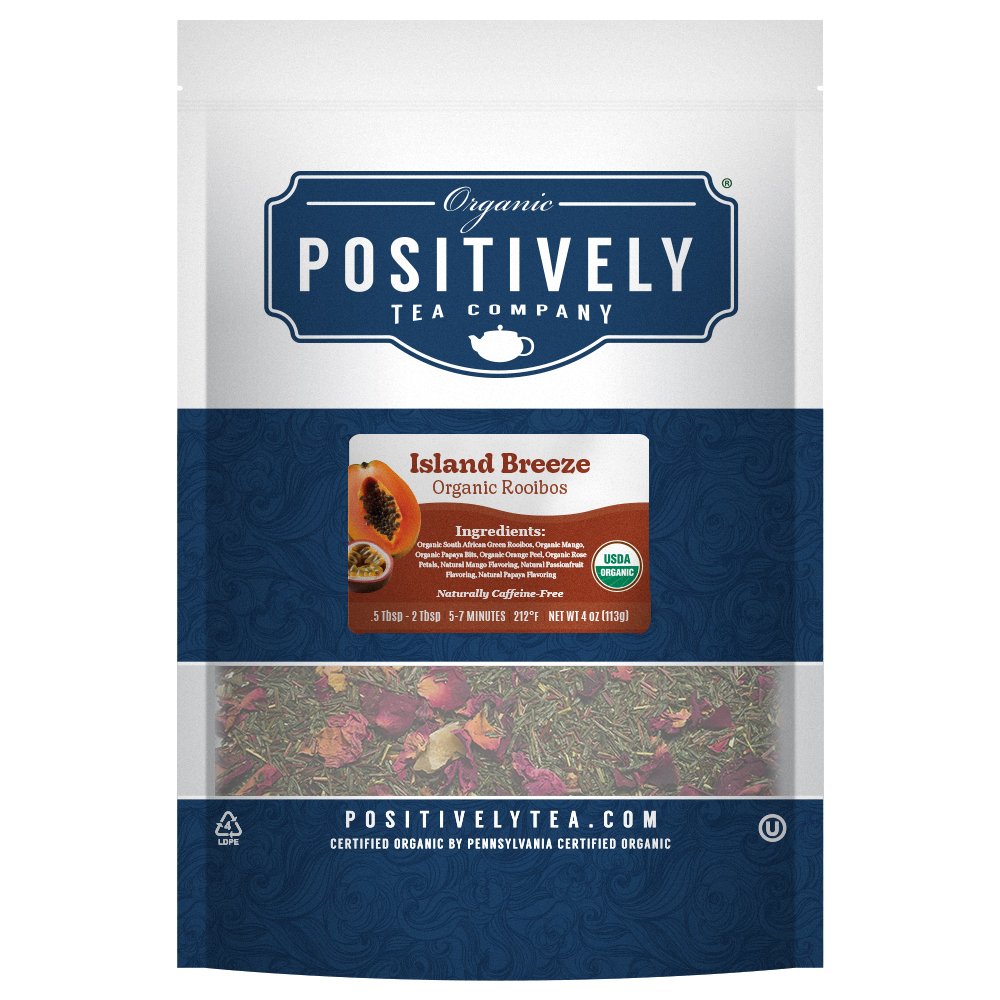 Positively Tea Company Island Breeze Rooibos tea, 4oz bag of premium organic rooibos blended with tropical fruits for a naturally sweet flavor.