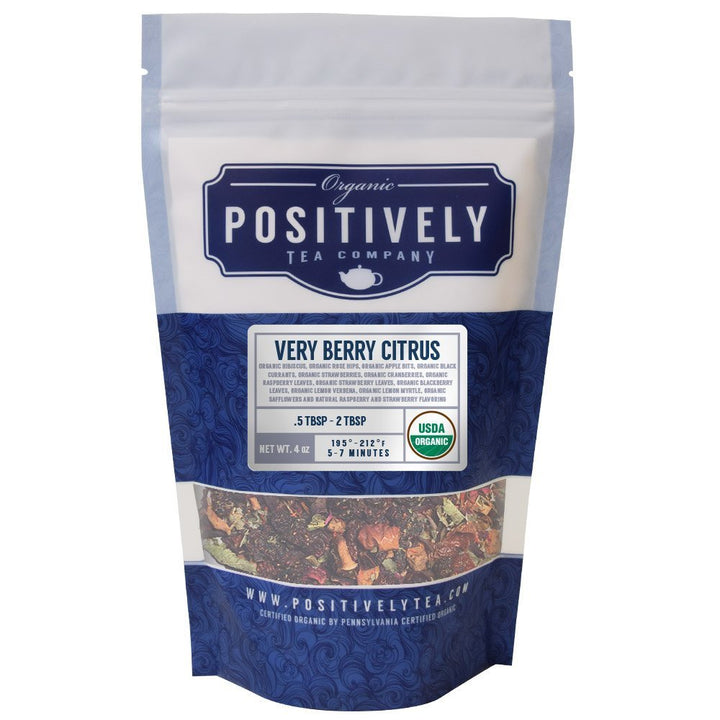 Positively Tea Company Very Berry Citrus Organic Herbal Tea, 4 oz resealable bag with bright berry and citrus flavor blend.