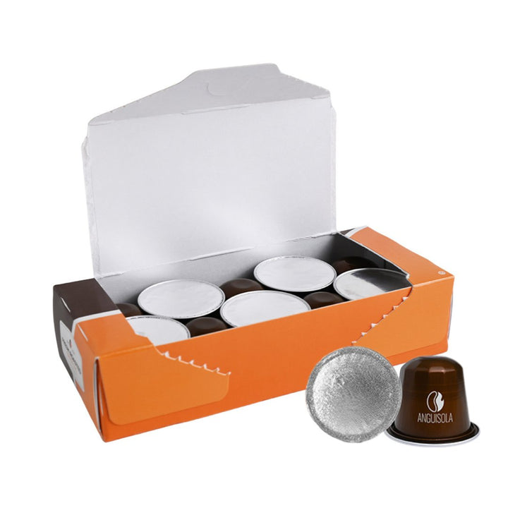 Open Anguissola Espresso Capsules box displaying silver-top pods inside, compatible with Nespresso OriginalLine machines.