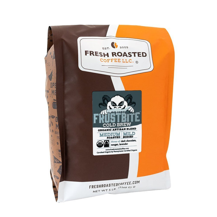 Fresh Roasted Coffee Frostbite Cold Brew, 5 lb bulk bag, organic medium roast with balanced chocolate and nougat flavor.
