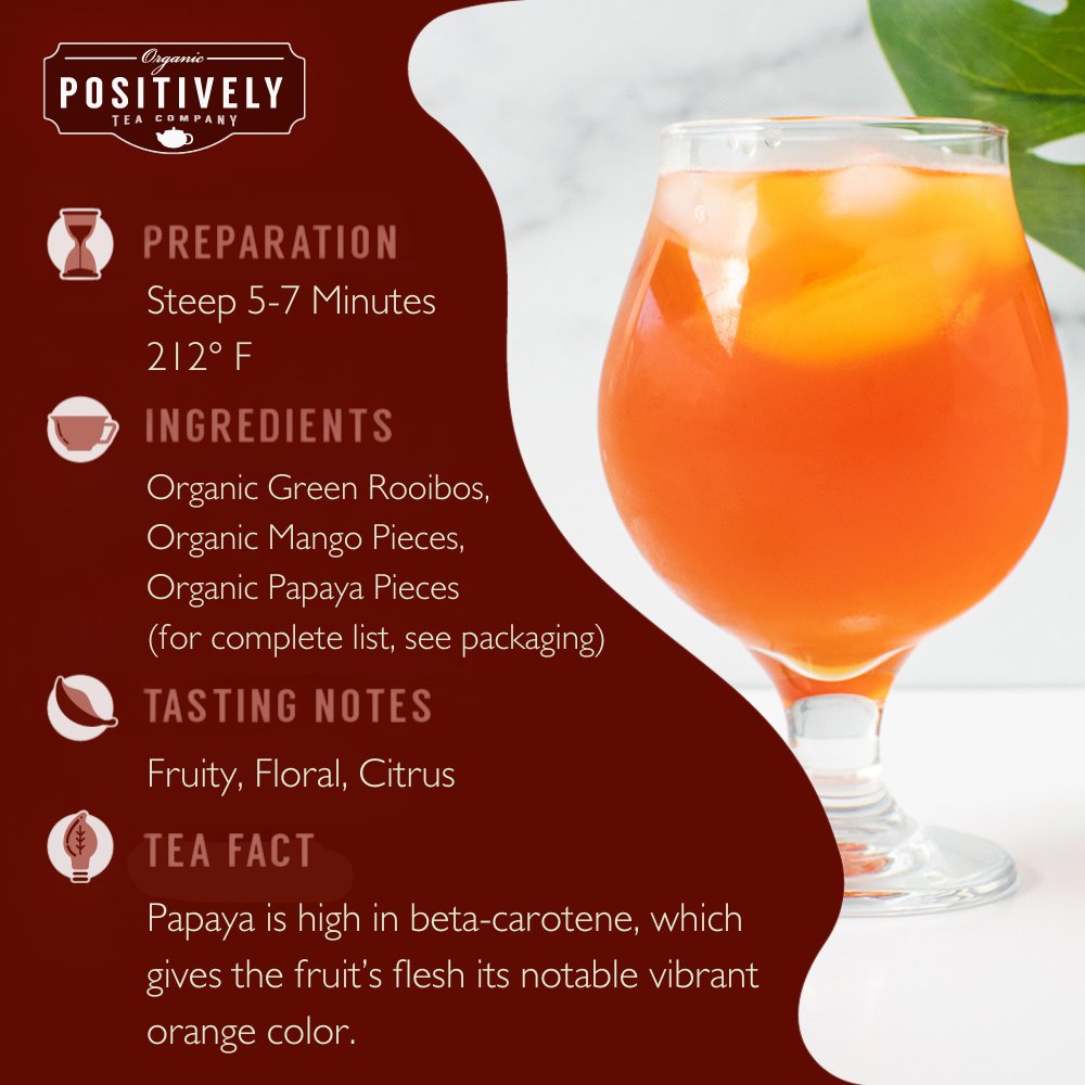 Brewing instructions and tasting notes for Positively Tea Company Island Breeze Rooibos tea, highlighting fruity, floral, and citrus flavors.