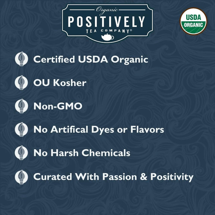 Positively Tea Company organic tea certifications, highlighting USDA Organic, non-GMO, and chemical-free promise.